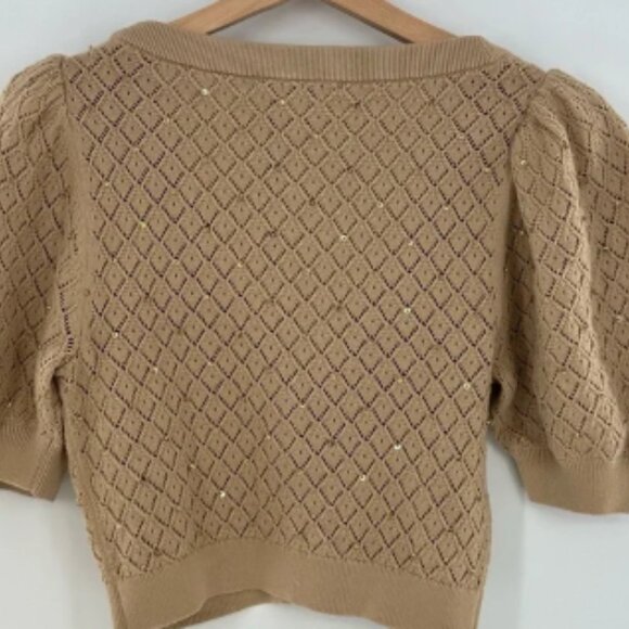 NWT Alice + Olivia Romi Cropped Embellished Pointelle-Knit Cardigan Sand Size S - Picture 2 of 6